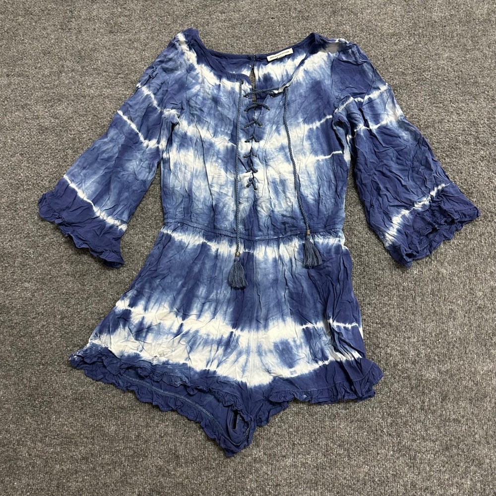 American Eagle Romper Womens Size M Blue Viscose Tie Dye Lace Up Tassel Boho